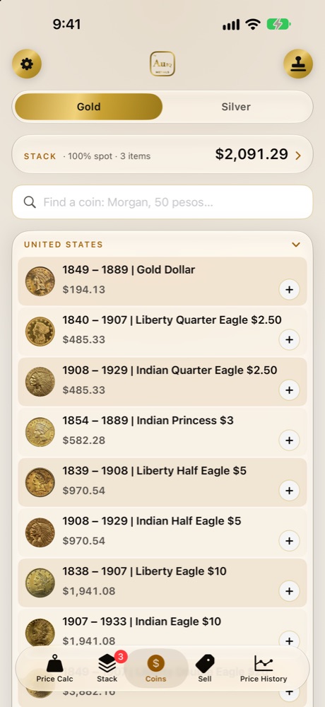 Coins: US gold coins with melt values