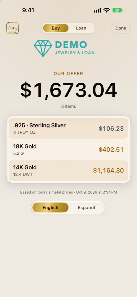 The customer's offer screen with the shop's logo