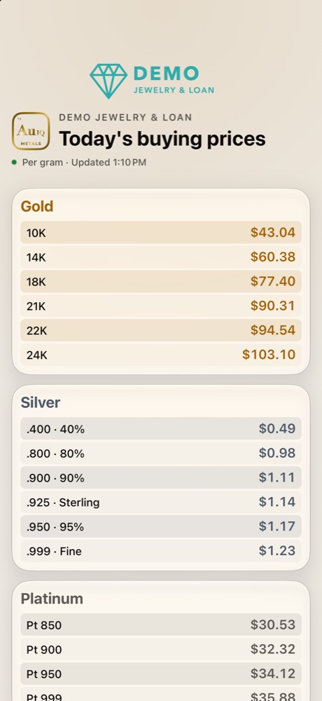 The price board: today's buying prices with the shop's logo