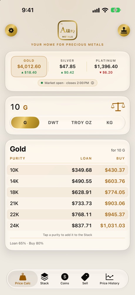 Price Calc: live gold price, then loan and buy prices for 10K to 24K