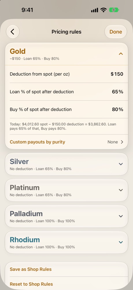 Pricing rules: gold with a $${PAWN_DEDUCTION} deduction, Loan 65%, Buy 80%
