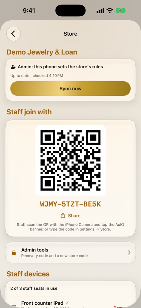 Settings, Store: the QR code staff scan